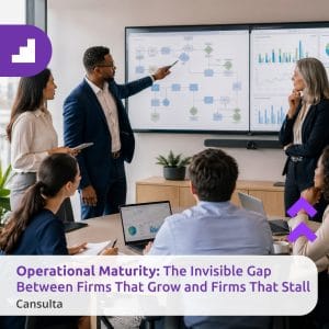 Professional services leaders assessing operational maturity and business operations gaps for scalable growth. Title says "Operational Maturity: The Invisible Gap Between Firms That Grow and Firms That Stall" with Purple Cansulta's Branding