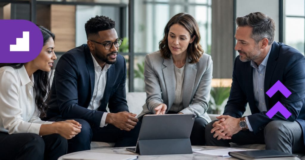 An elite corporate leadership team collaborating on executive business strategies, ideal for showcasing professional consulting solutions and quarterly business reviews, featuring purple Cansulta branding.