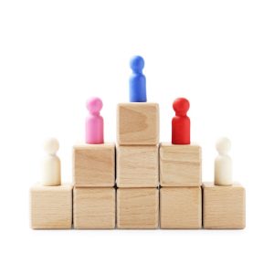 A centered, eye-level shot of small wooden peg dolls arranged hierarchically on stacked plain wooden blocks against a white background. A single blue doll stands at the highest peak, flanked by a pink and a red doll on the second level, and two natural-finish white dolls on the lowest outer blocks, visually demonstrating workforce layering, structural placement, and talent organization for Building an HR system.