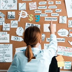 A view from behind of a businesswoman with her hair in a ponytail, pointing her finger toward a 'MARKETING' label pinned to a dense corkboard. The board is filled with strategic notes, currency symbols, chart drawings, and labels like 'STRATEGY,' 'SALES,' 'CUSTOMERS,' and 'Goals,' illustrating market analysis, targeted planning, and identifying key business milestones during a Growth & Marketing Strategy Consultation.