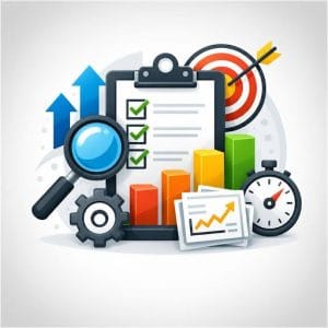 A clean, vector-style business illustration titled 'Process Prioritization (Standard Prioritization Package).jpg' showcasing elements of workflow management and productivity. The graphic features a clipboard with three checked boxes, a rising bar chart (red, orange, yellow, green), and a target with an arrow in the bullseye. It is surrounded by a large magnifying glass, upward-pointing blue arrows, a mechanical gear, stacked metric reports, and a stopwatch, all arranged against a light gray gradient background.