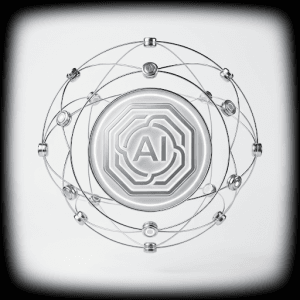 A metallic 3D model featuring a central, circular emblem embossed with the letters "AI" within an octagonal geometric border, surrounded by an outer sphere of intersecting wireframe rings embedded with small nodes, where the central core represents artificial intelligence technology and the surrounding cage-like grid illustrates the structured oversight and operational boundaries of an "AI Workforce Integration & Prompt Governance Strategy." The silver, futuristic design is centered against a white background with a dark vignette border