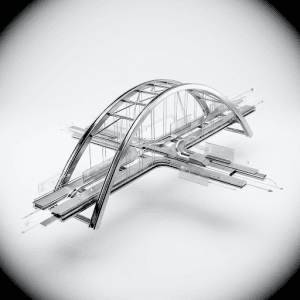 A metallic 3D architectural model of an arched bridge intersecting with structured, directional transit lanes and semi-transparent data overlays, where the bridging of pathways and streamlined channels illustrates a transition toward optimized patient care and coordinated healthcare delivery under a "Value-Based Clinical Pathway Architecture." The silver, futuristic structure is centered against a white background with a dark vignette border