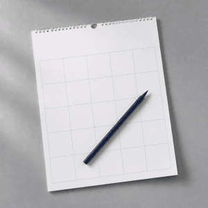 A top-down, minimalist view of a white, spiral-bound wall calendar showing a blank monthly grid layout, with a dark blue pen resting diagonally across the grid. Set against a smooth grey background, the composition visually symbolizes forward planning, weekly tracking, and rolling financial projections for the '13-week cash flow forecast and receivables review' service. This image is hosted on Cansulta
